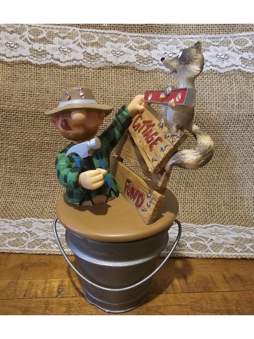 Outside Inside "Cottage Fund" Storage /Desk Figurine With Handyman / Racoon